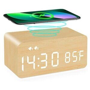 Wooden Wood Digital Alarm Clock LED Desk Clock Time Temperature Wireless Charger